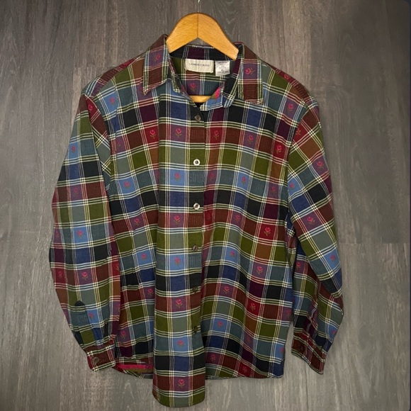 Lemon Grass Plaid Floral Embroidered Button Up Shirt XL 100% Cotton - Picture 2 of 3